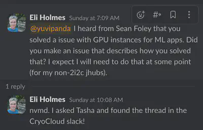 A slack thread demonstrating the power of open infrastructure beyond 2i2c-operated hubs