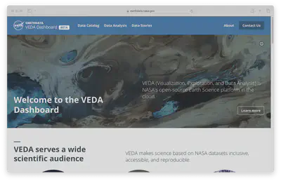 Landing page of the public-facing NASA VEDA dashboard