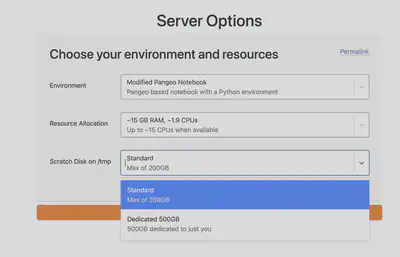 The server options page, with a &ldquo;Scratch Disk on /tmp&rdquo; dropdown offering a dedicated 500GB disk