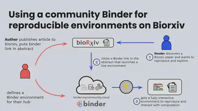 The Biorxiv Binder pilot workflow. An author used a 2i2c-managed BinderHub to generate a reproducible environment for their paper. They included a link to this environment in the abstract. Readers could click this link, and be taken to a fully interactive environment to explore the ideas in the paper and reproduce its computation.