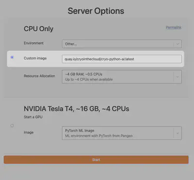 The hub&rsquo;s launch page, with the workshop image entered as a custom image