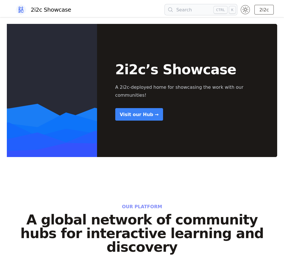 Screenshot of the 2i2c Showcase Hub landing page
