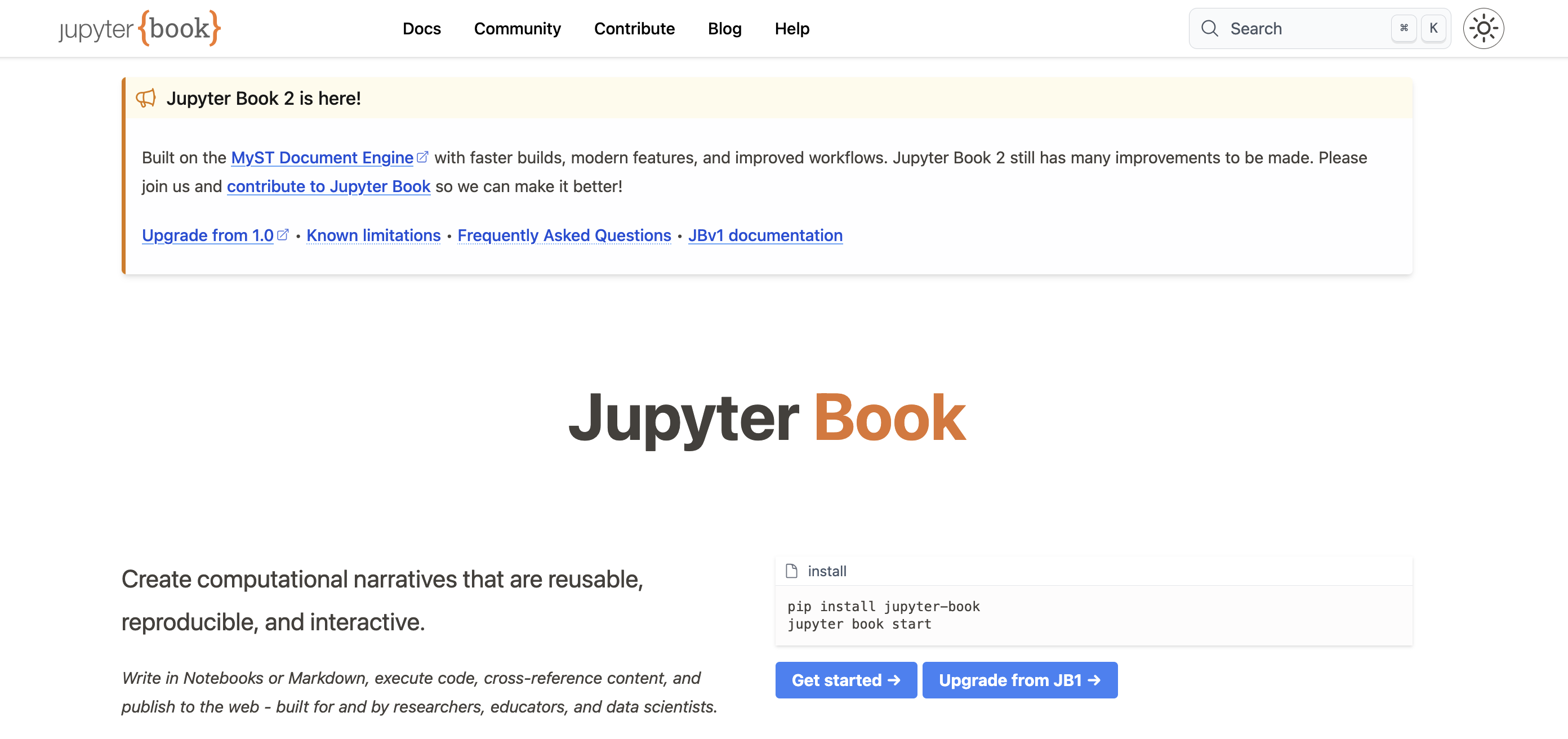 The landing page of jupyterbook.org