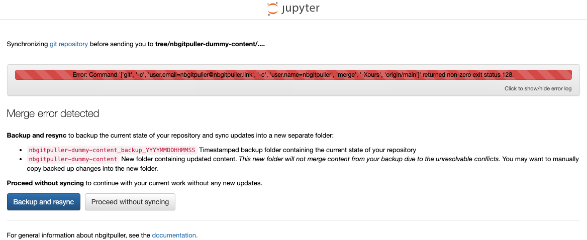 nbgitpuller contextual error handling UI showing a clear error message with next steps