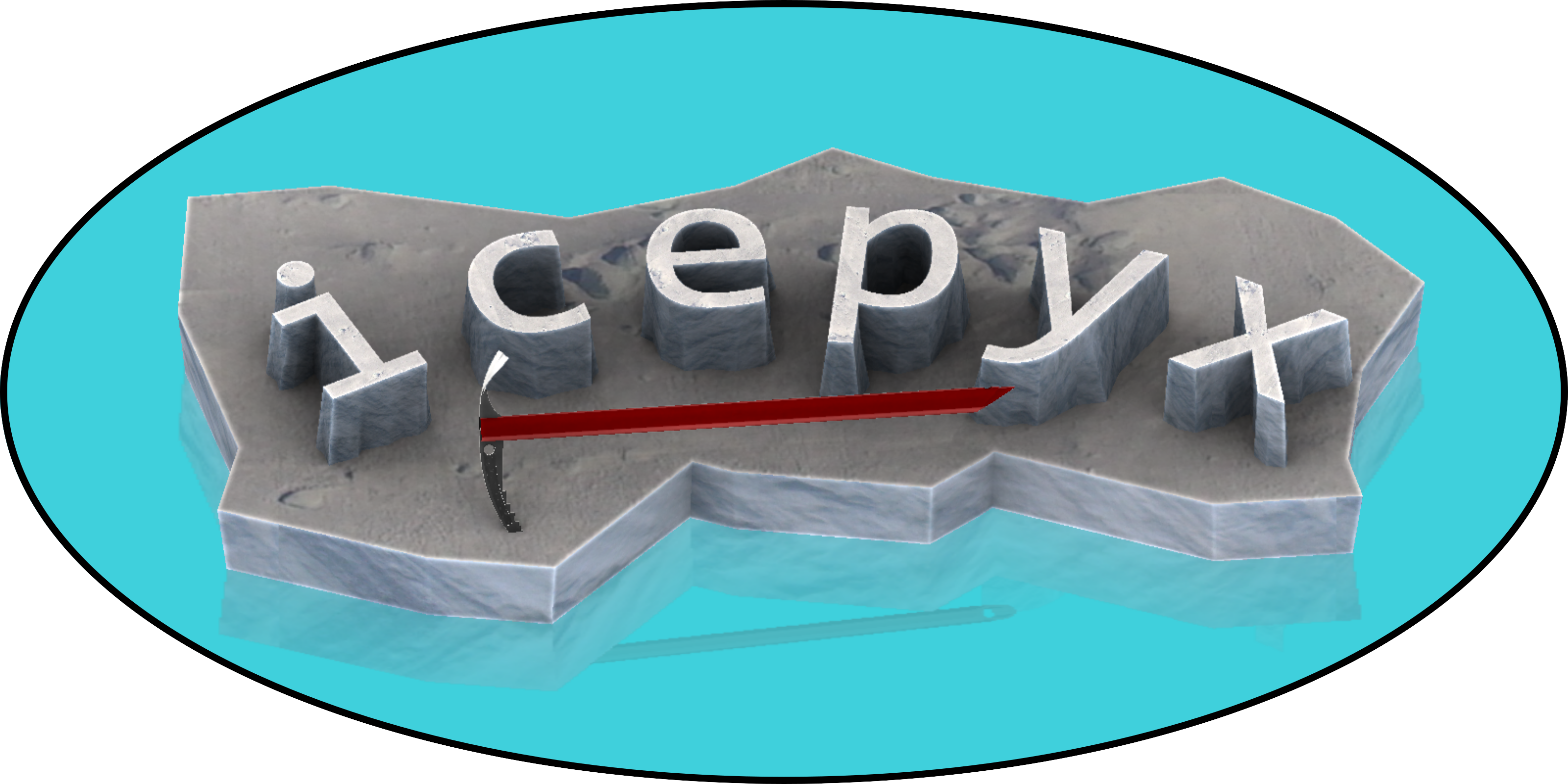 icepyx logo of the word icepyx in raised letters on an iceberg with an ice ax