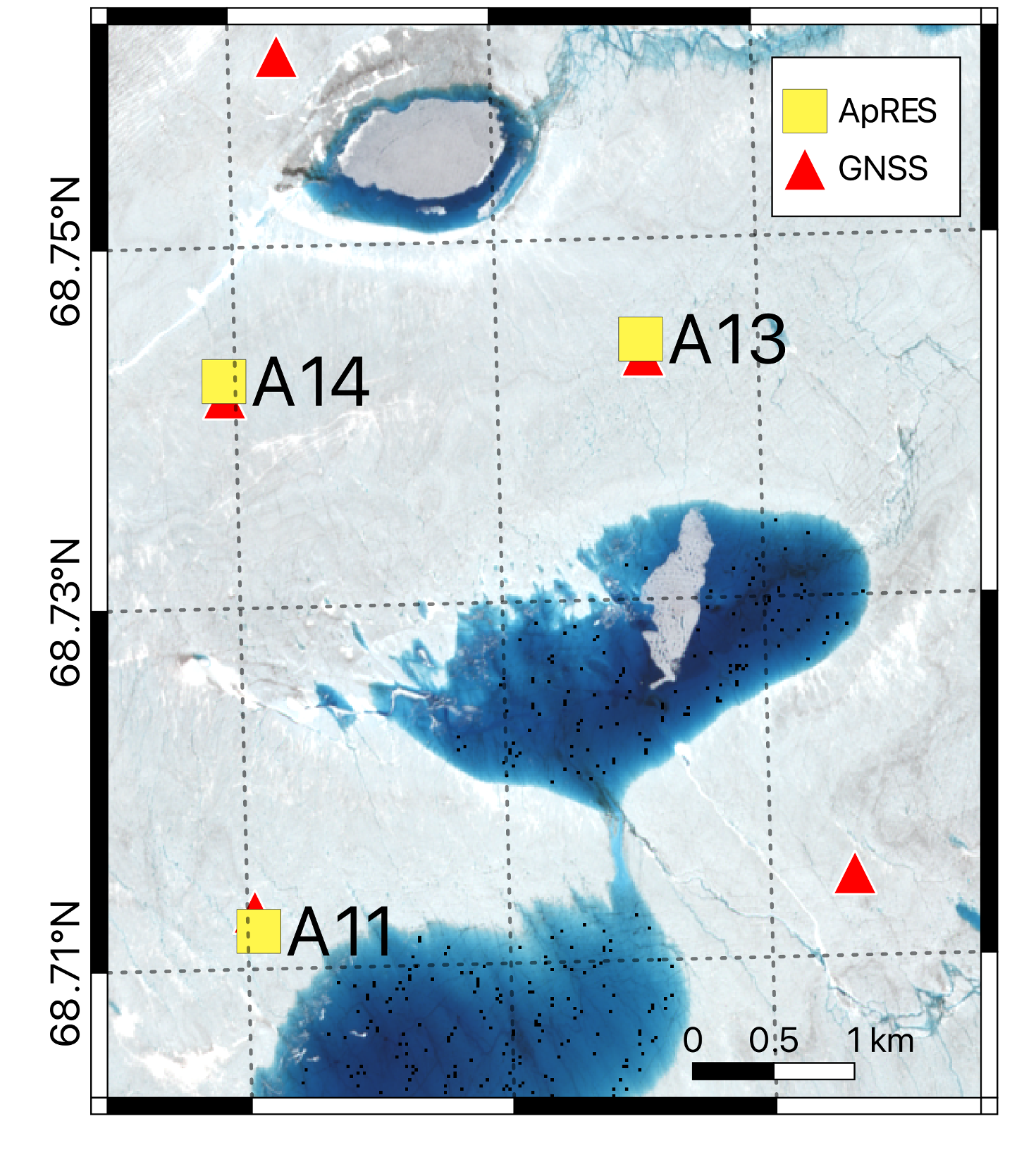 Map of ApRES locations in greenland