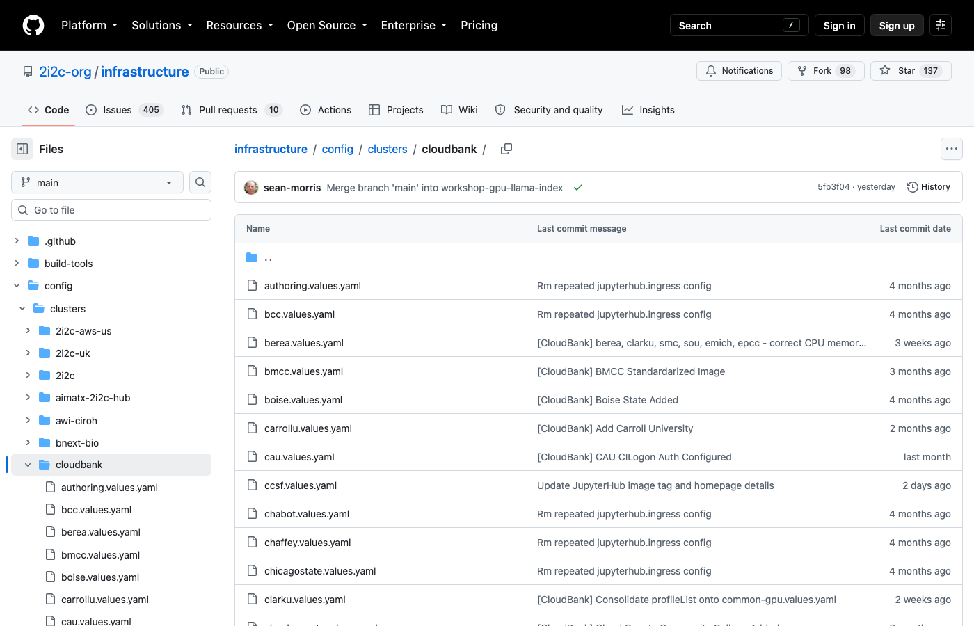 The CloudBank cluster configuration folder in the public 2i2c infrastructure repository on GitHub, with a recent commit by a CloudBank engineer
