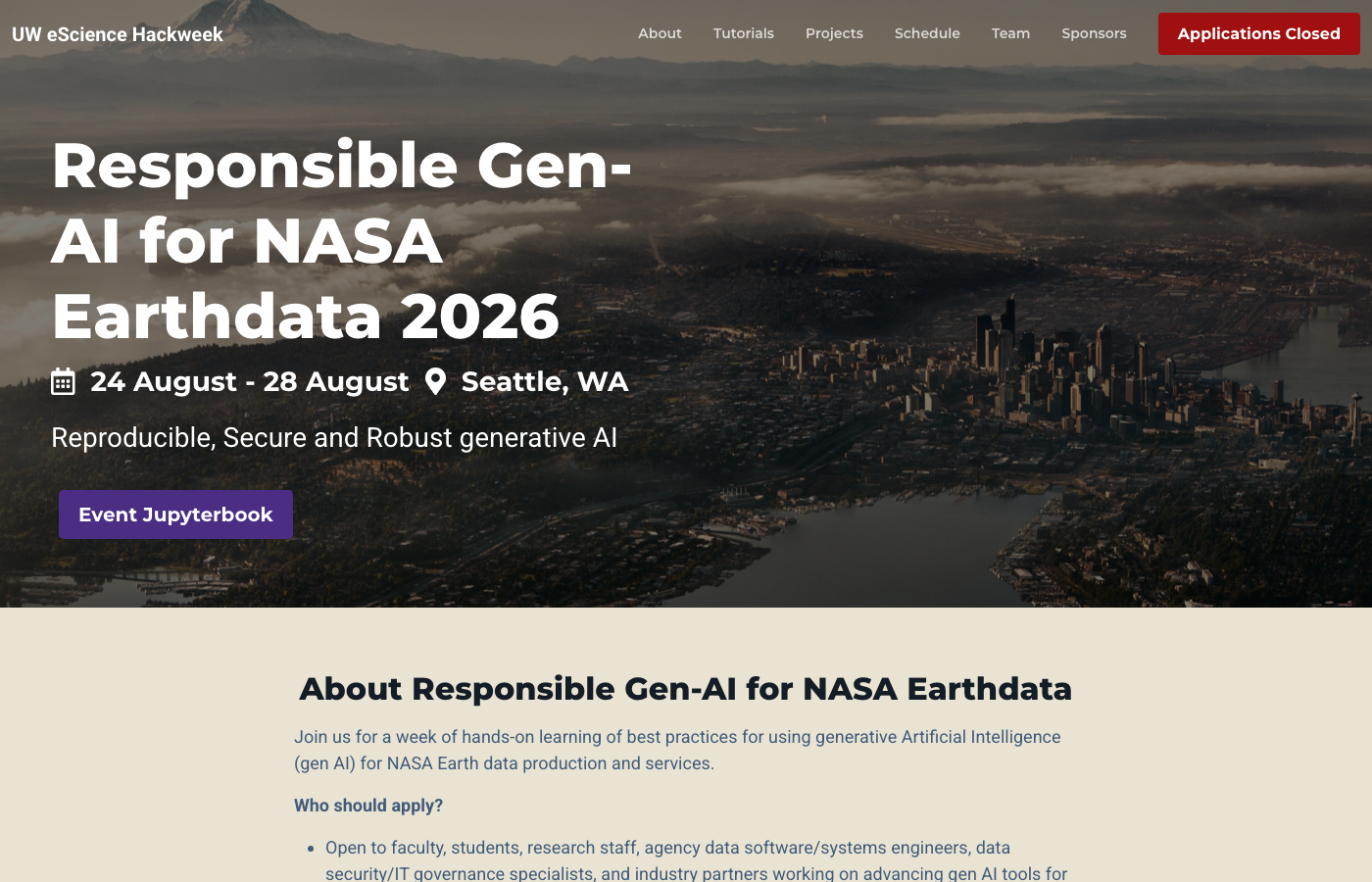 Landing page of the Responsible Gen-AI for NASA Earthdata 2026 hackweek, August 24 to 28 in Seattle