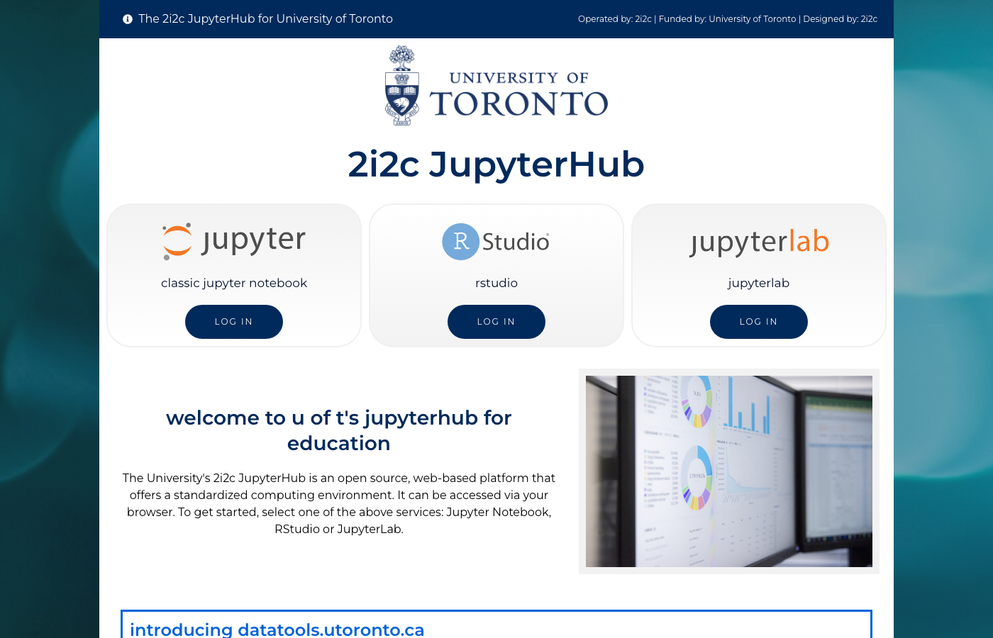 The University of Toronto JupyterHub landing page with Jupyter Notebook, RStudio, and JupyterLab log-in options