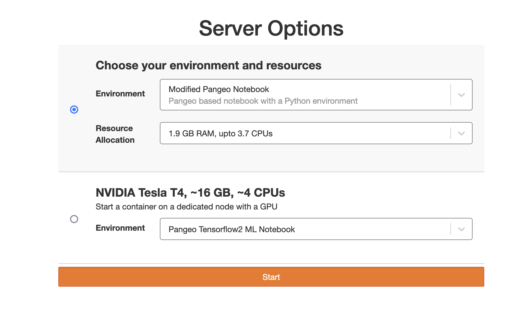 The NASA VEDA server options page, with a Pangeo notebook environment and an NVIDIA T4 GPU option