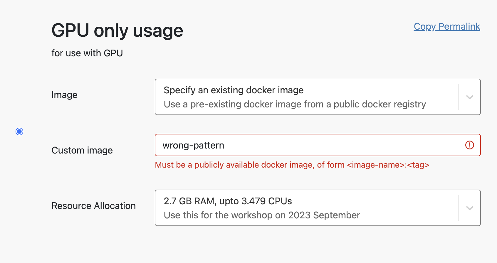 The “Specify an existing docker image” option, where users type their own image name.